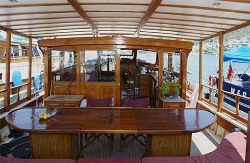 The luxury interior of Galatea cruise boat in Paros