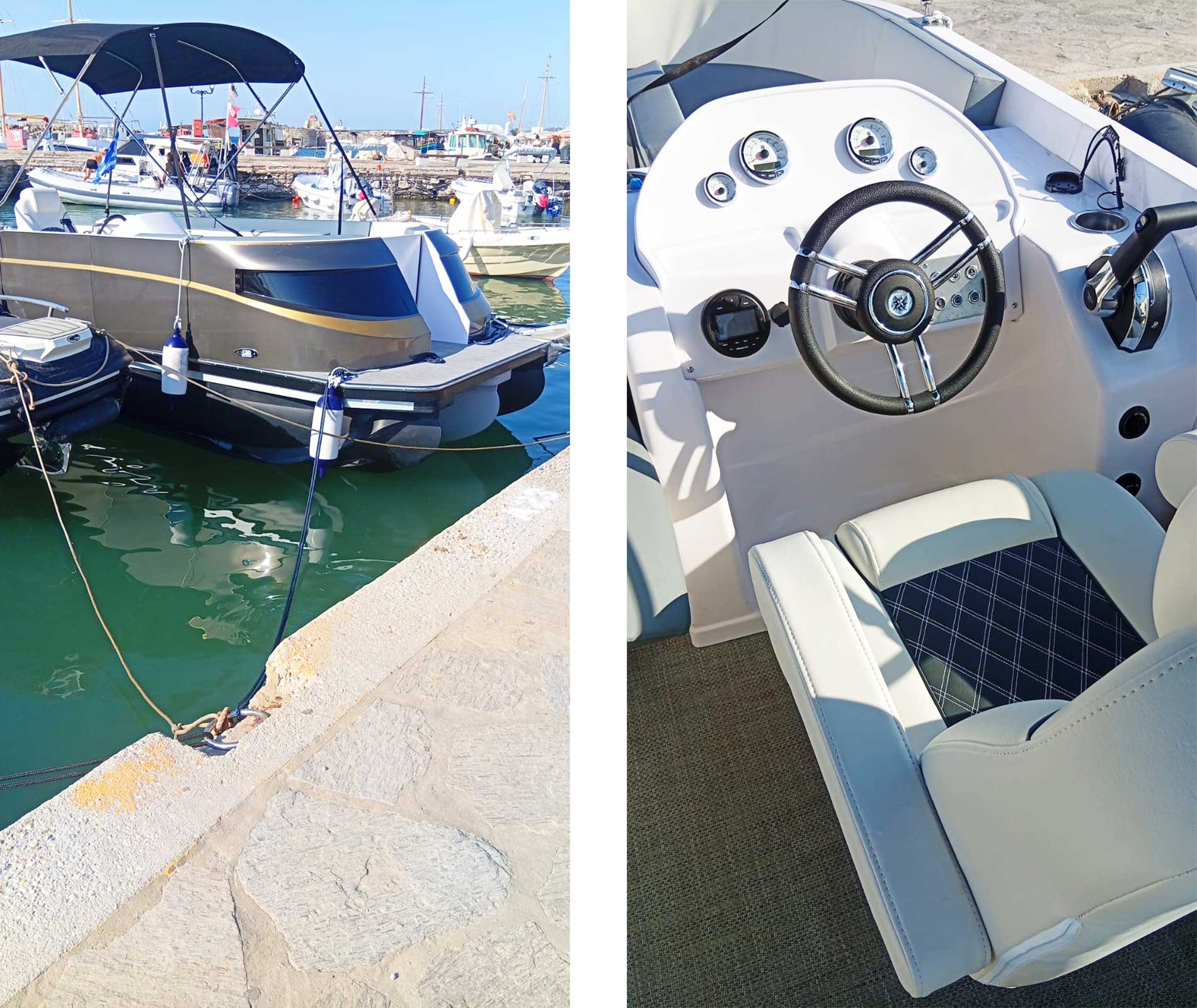 Aegean Vibes 2026 pontoon boat in Naoussa, Paros